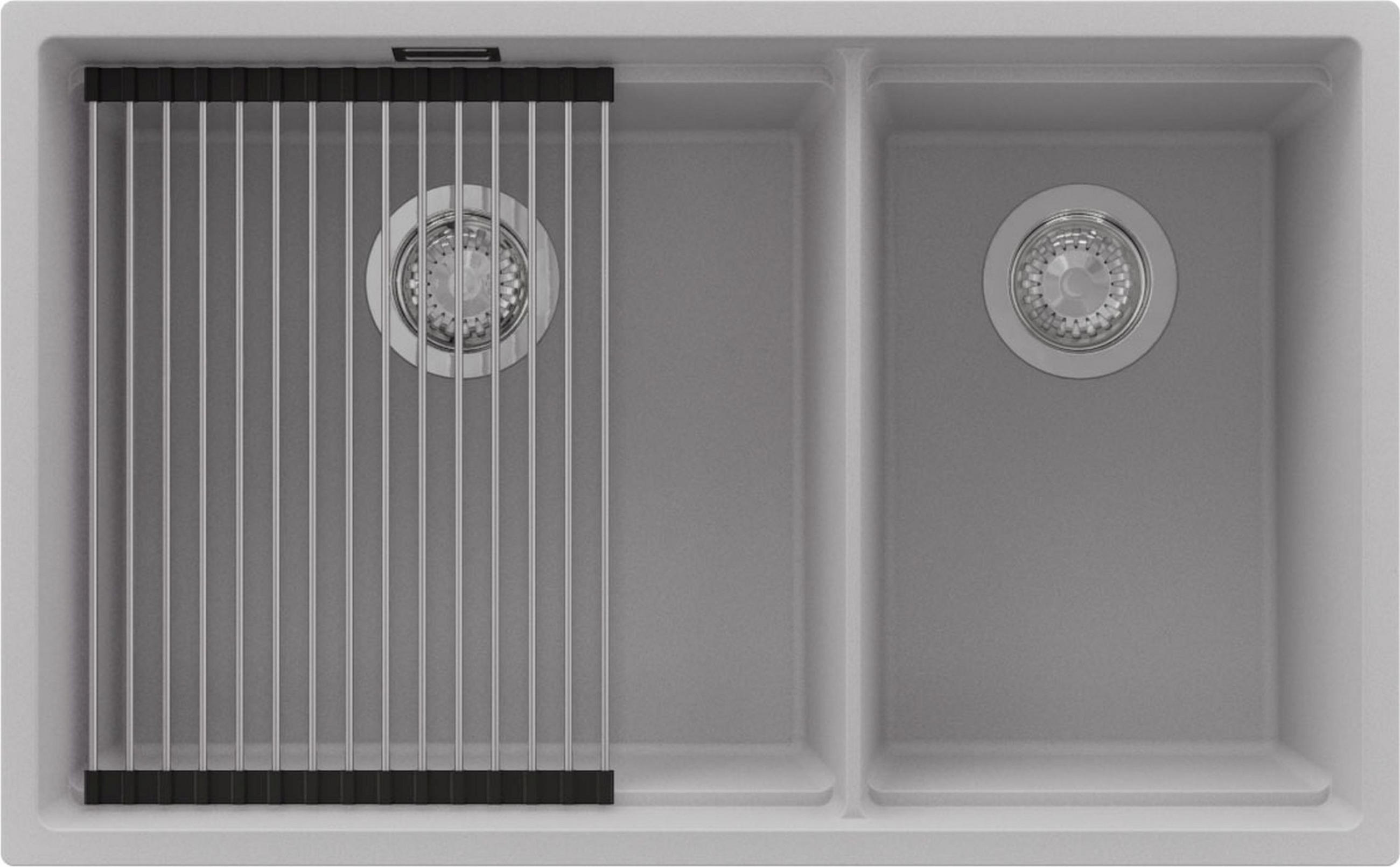 SPÜLBECKEN Praga Slim Duo, 2-er set Grau 76/47 cm 2 Becken + Ablauf-Set + Aufrollbare Abtropffläche ab 80er Unterschrank - Chromfarben/Grau, Kunststoff (76/20/47cm) - Primagran