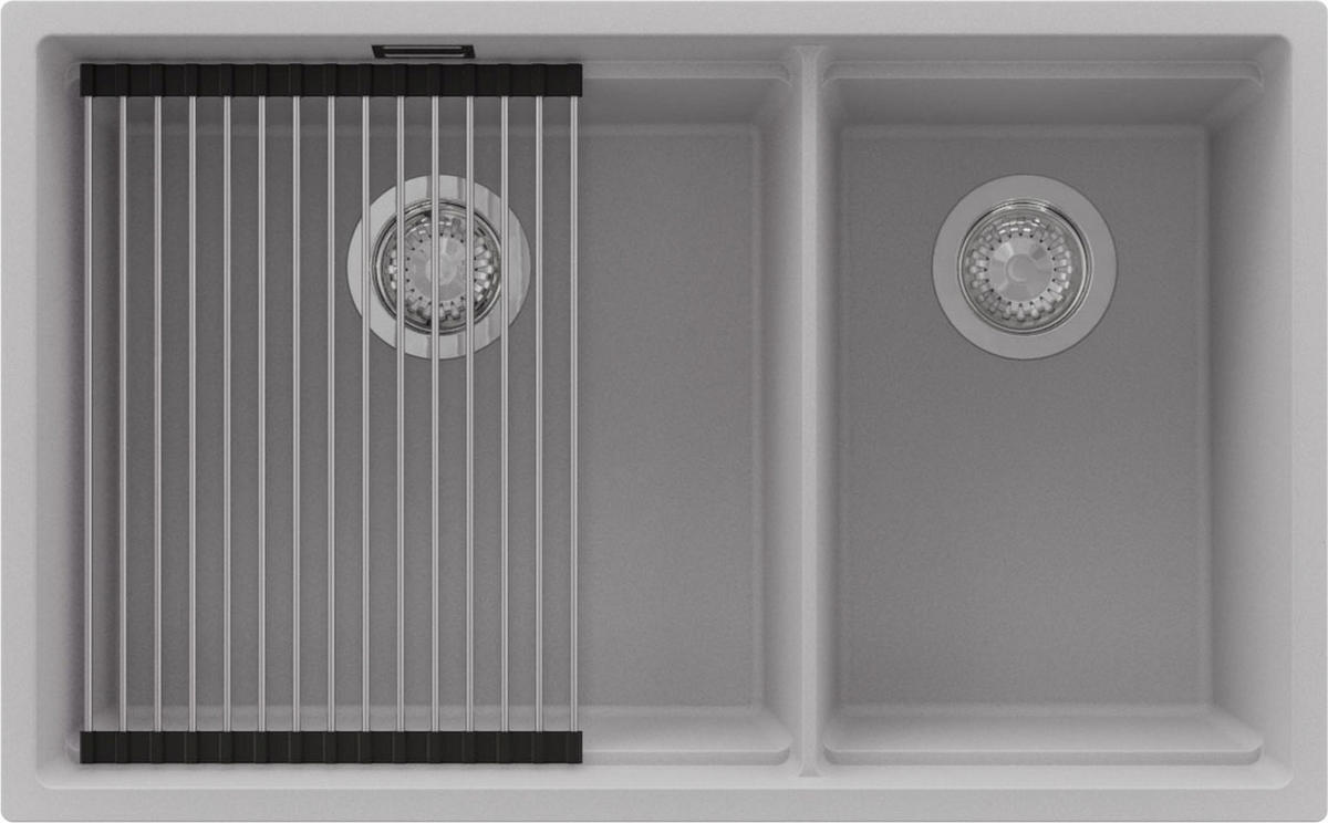 SPÜLBECKEN Praga Slim Duo, 2-er set Grau 76/47 cm 2 Becken + Ablauf-Set + Aufrollbare Abtropffläche ab 80er Unterschrank - Chromfarben/Grau, Kunststoff (76/20/47cm) - Primagran