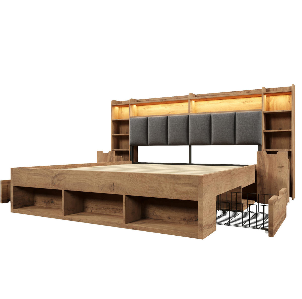 POLSTERBETT 180/200 cm Eichefarben mit LED-Beleuchtung,Anschlüssen, Stauraum und Rollschubladen - Naturfarben, Holz (180/200cm) - OKMYHOME