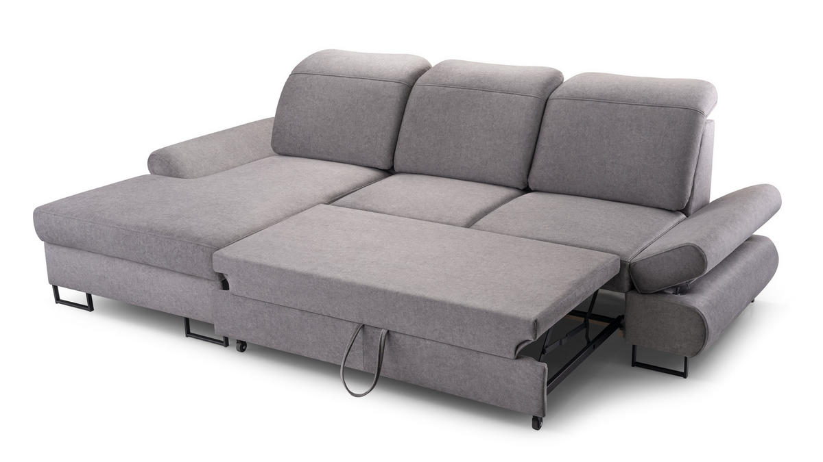 ECKSOFA NANO Grau Velours-Stoff mit Schlaffunktion - Grau, Holz (265/156cm) - MASSENO
