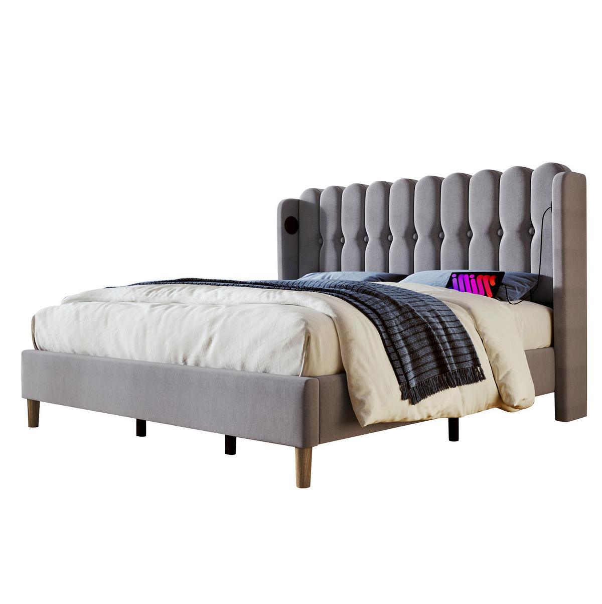 POLSTERBETT 180/200 cm mit USB-C und gepolstertem Kopfteil in Grau - Grau, Textil (180/200cm) - BEAOK