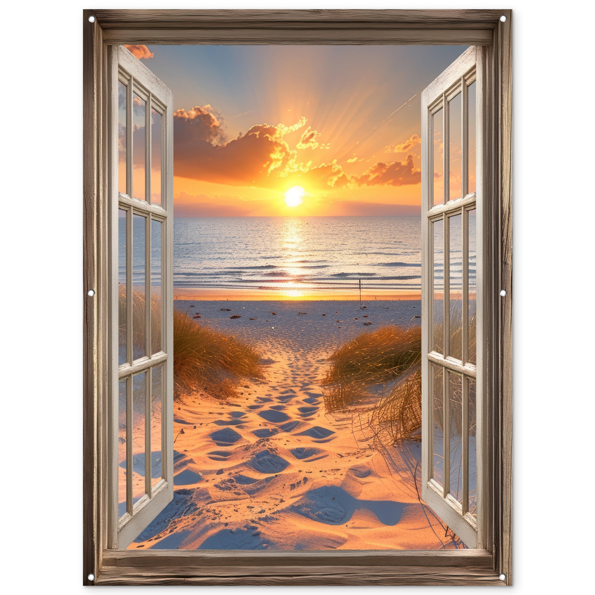 GARTENPOSTER Durchblick - Strand - Dünen - Sonnenuntergang 120x160 cm - Orange, Kunststoff (120/160/0.2cm) - OnlyWow