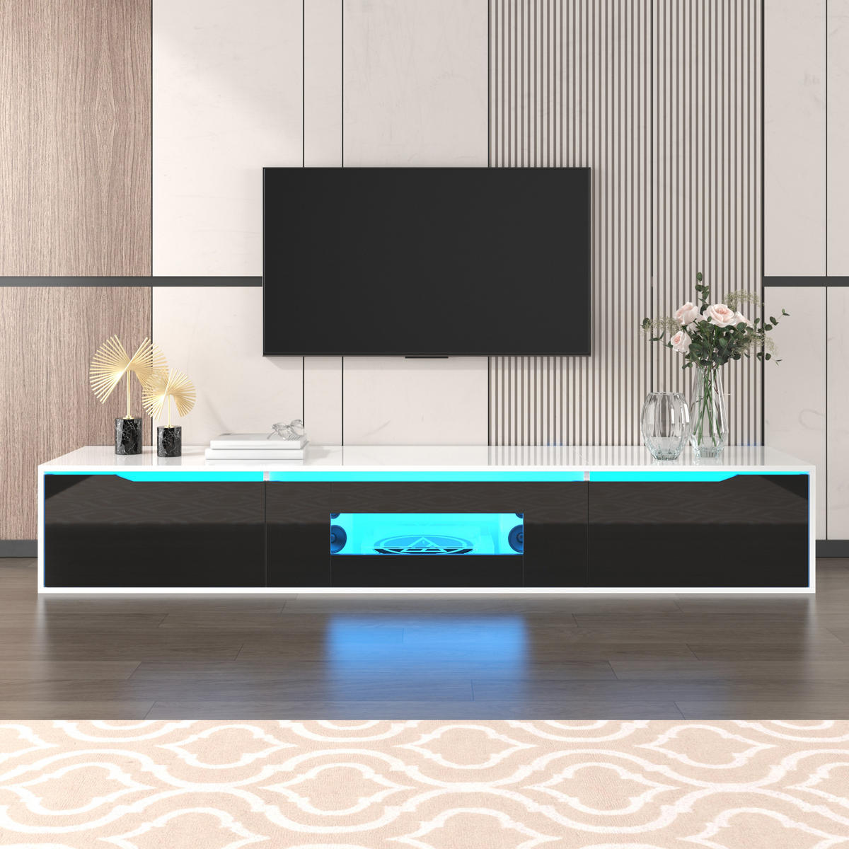TV-ELEMENT180CM Schwarz Weiß Hochglanz mit 16FarbenLED Rillendesign - Weiß, Holz (46/17/142cm) - Raelunyi