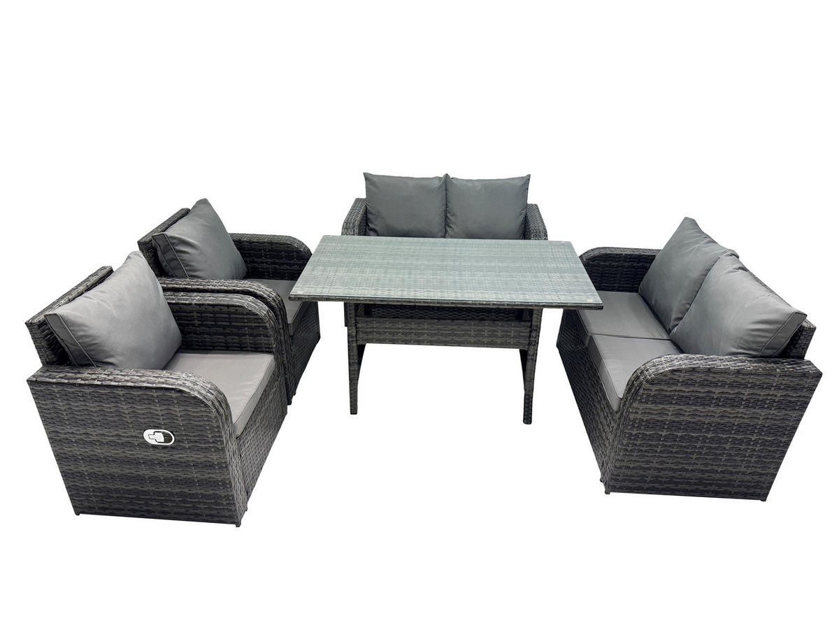LOUNGEGARNITUR mit Esstisch Polyrattan Dunkelgrau 6-Sitzer - Dunkelgrau/Grau, Glas/Kunststoff - Fimous