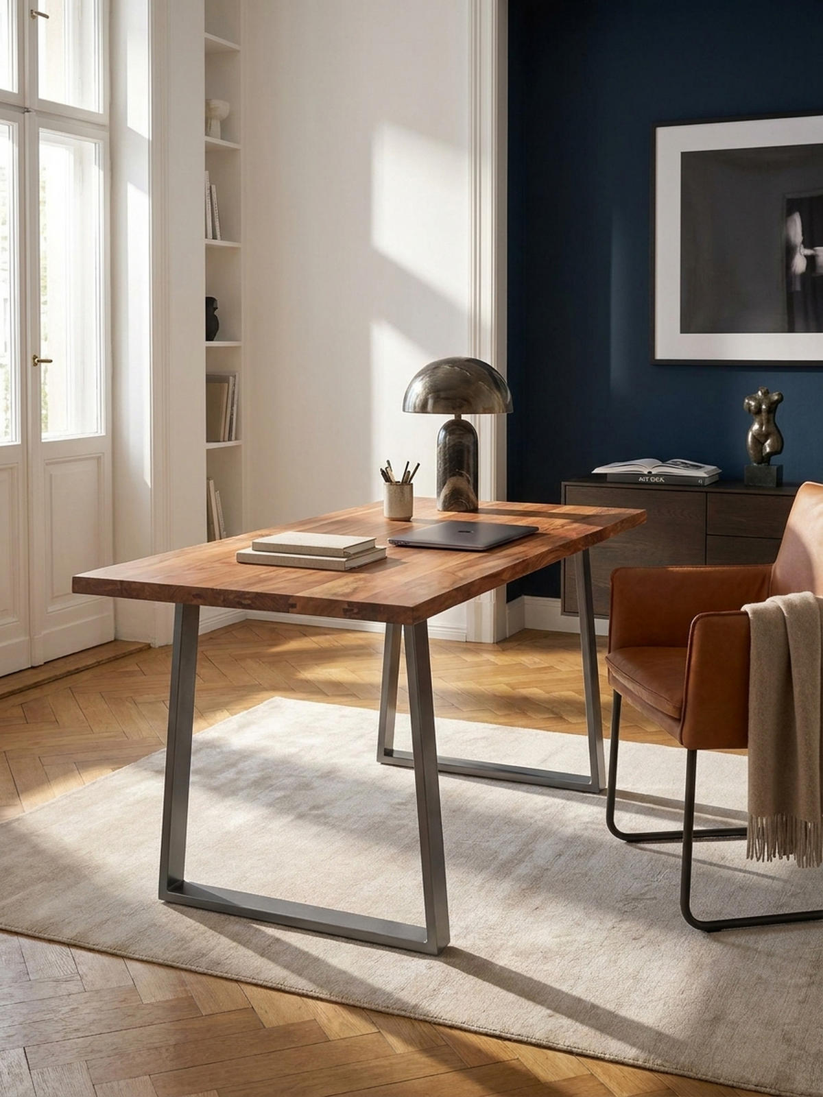 SCHREIBTISCH Massivholz Baumkante Chromgestell Handarbeit TARN, Goldbraun-Chrom 180x90x76 cm - Chromfarben/Braun, Holz/Metall (90/180/76cm) - KADIMA DESIGN