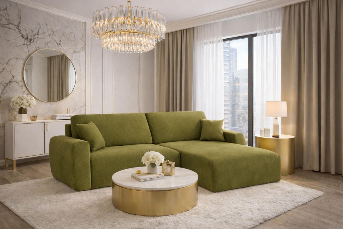 ECKSOFA Mit Schlaffunktion, Ariel XL, Velours, Stoff Salvador, Olive, Rechts - Olivgrün, Holz (280/142cm) - Kaiser Möbel