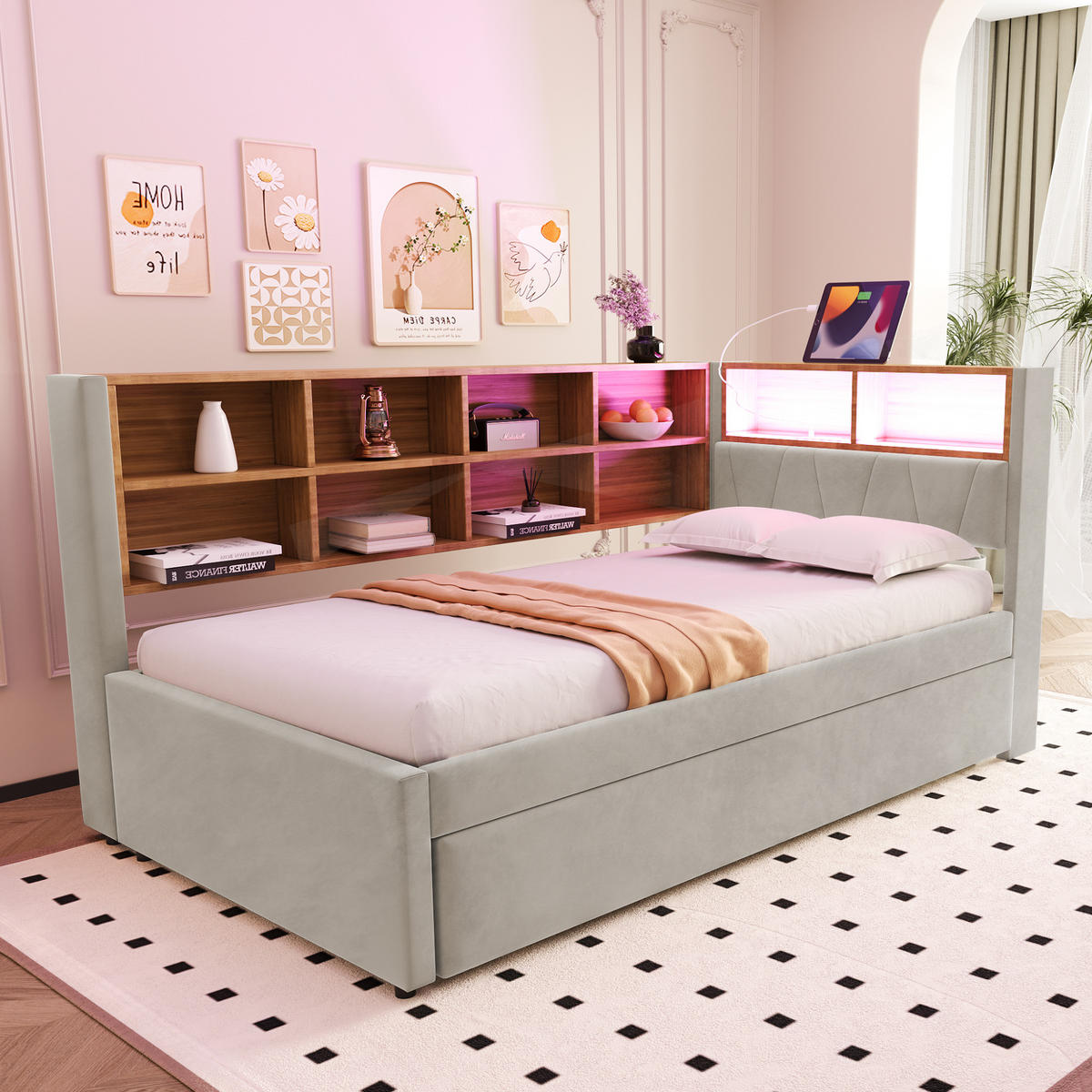 AUSZIEHBETT 90/200 cm LED-Beleuchtung und multifunktionalen Ladeanschlüssen Flanell Hellgrau - Hellgrau, Textil (90/200cm) - OKWISH