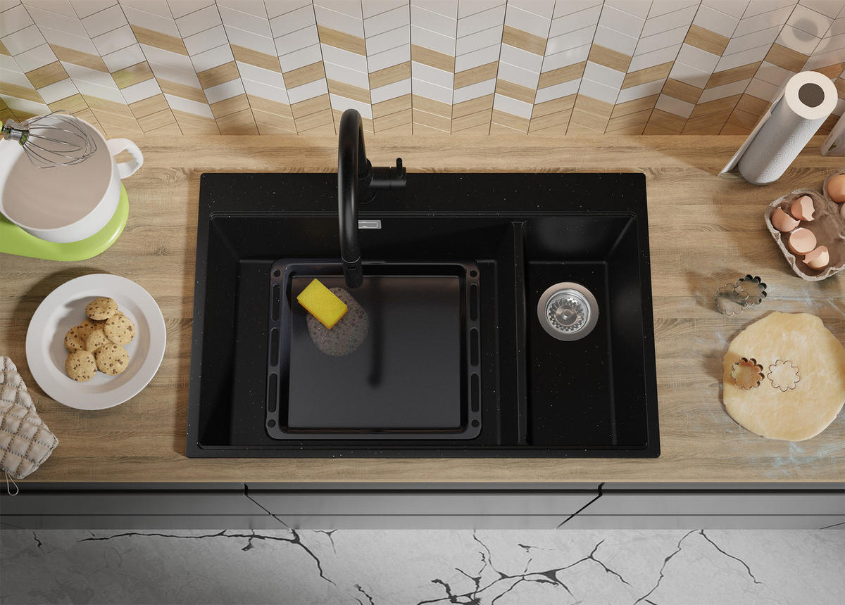 SPÜLBECKEN Oslo Duo, 2-er set Schwarz Metallic 78/50 cm 2 Becken + Ablauf-Set + Schneidebrett ab 80er Unterschrank - Chromfarben/Schwarz Hochglanz, Kunststoff (78/20/50cm) - Primagran