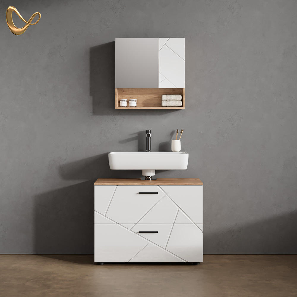 Livinity® KOUPELNOVÝ NÁBYTEK Ronco, Bílá vysoký lesk/Zlatý mocný dub, 2dílná