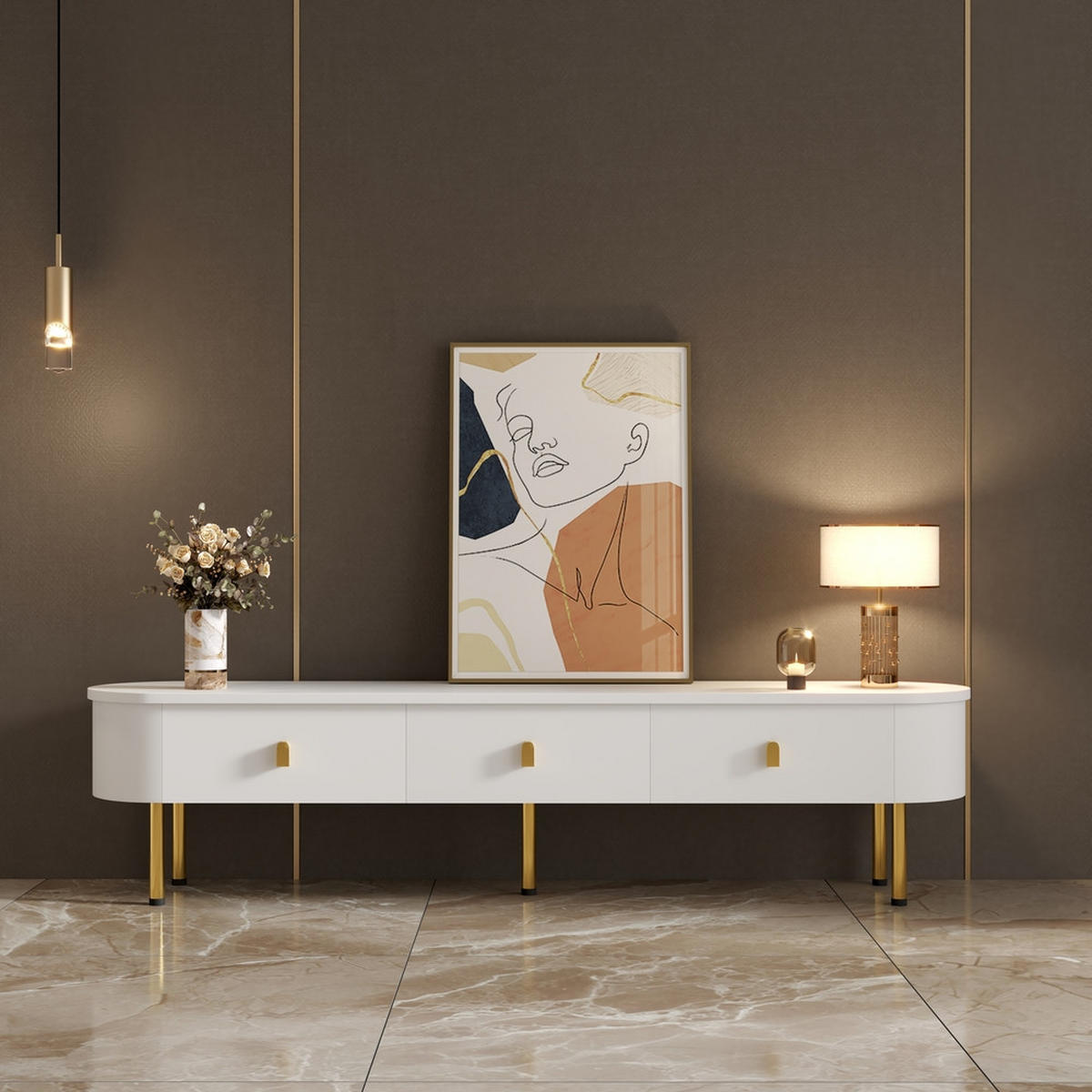 TV-SCHRANK Lowboard Weiß goldene Griffe & Beine geschwungene Ecken - Weiß, Holz (41.91/27.94/45.08cm) - FLIEKS