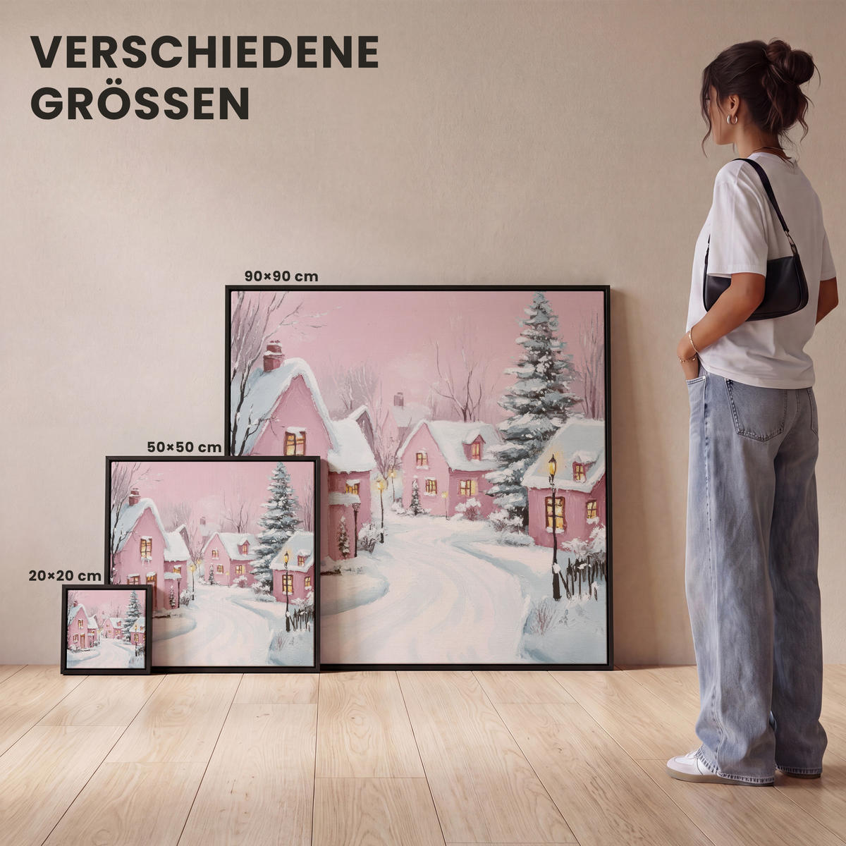 LEINWAND Bilder mit Rahmen - Weihnachtsdorf - Rosa - Winter - Schnee - Häuser - 50x50 - Altrosa, Textil (50/50cm) - MuchoWow
