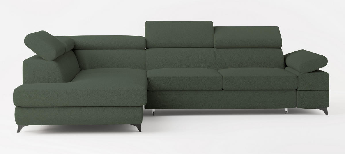 ECKSOFA FAVIEN L-S Grün Boucle-Stoff mit Schlaffunktion - Grün, Holz (257/190cm) - MASSENO