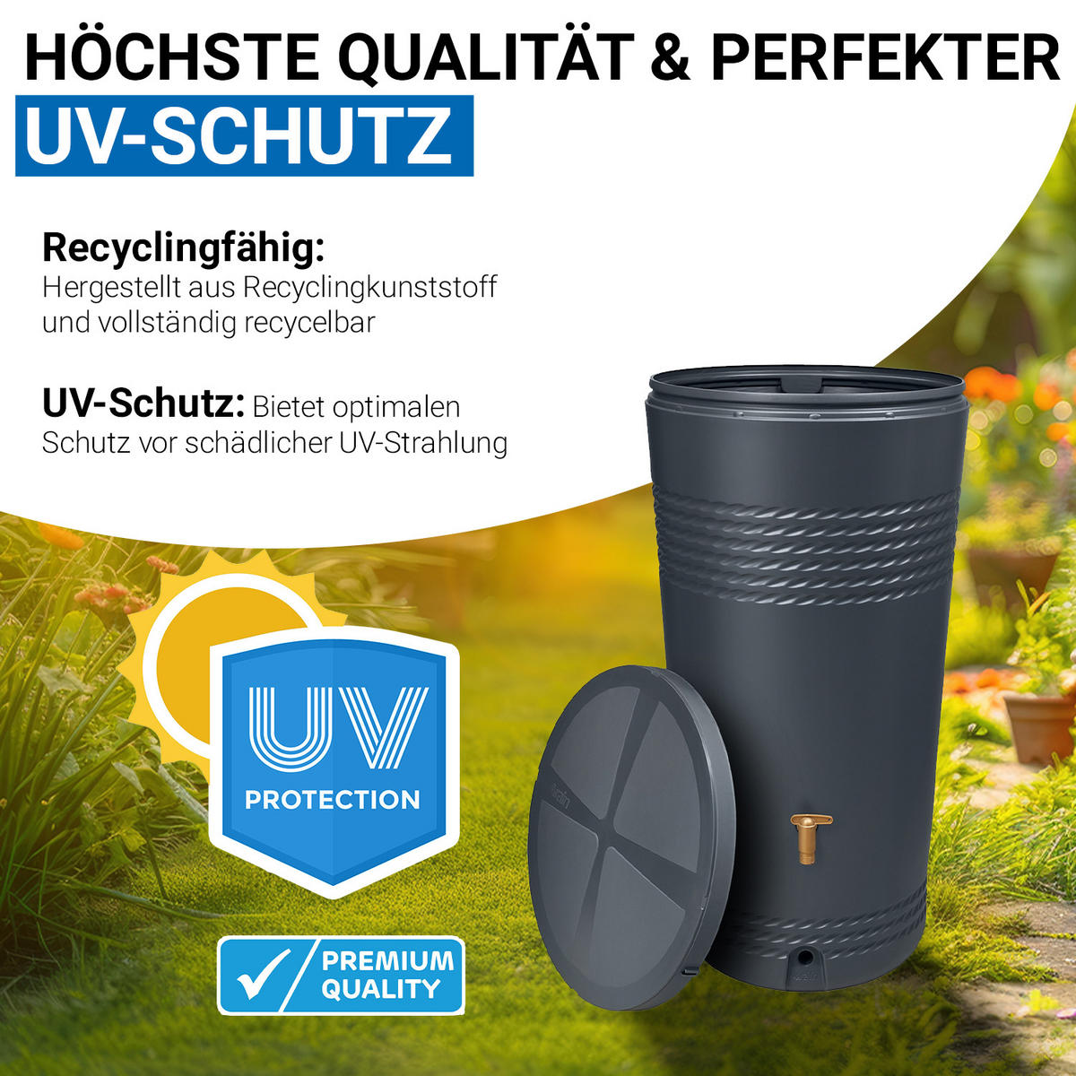 REGENTONNEN Komplett-Set 230 L graphite grey inkl. Kunststoff-Auslaufhahn und Fallrohranschluss - Grau, Kunststoff (59/114/59cm) - 4rain