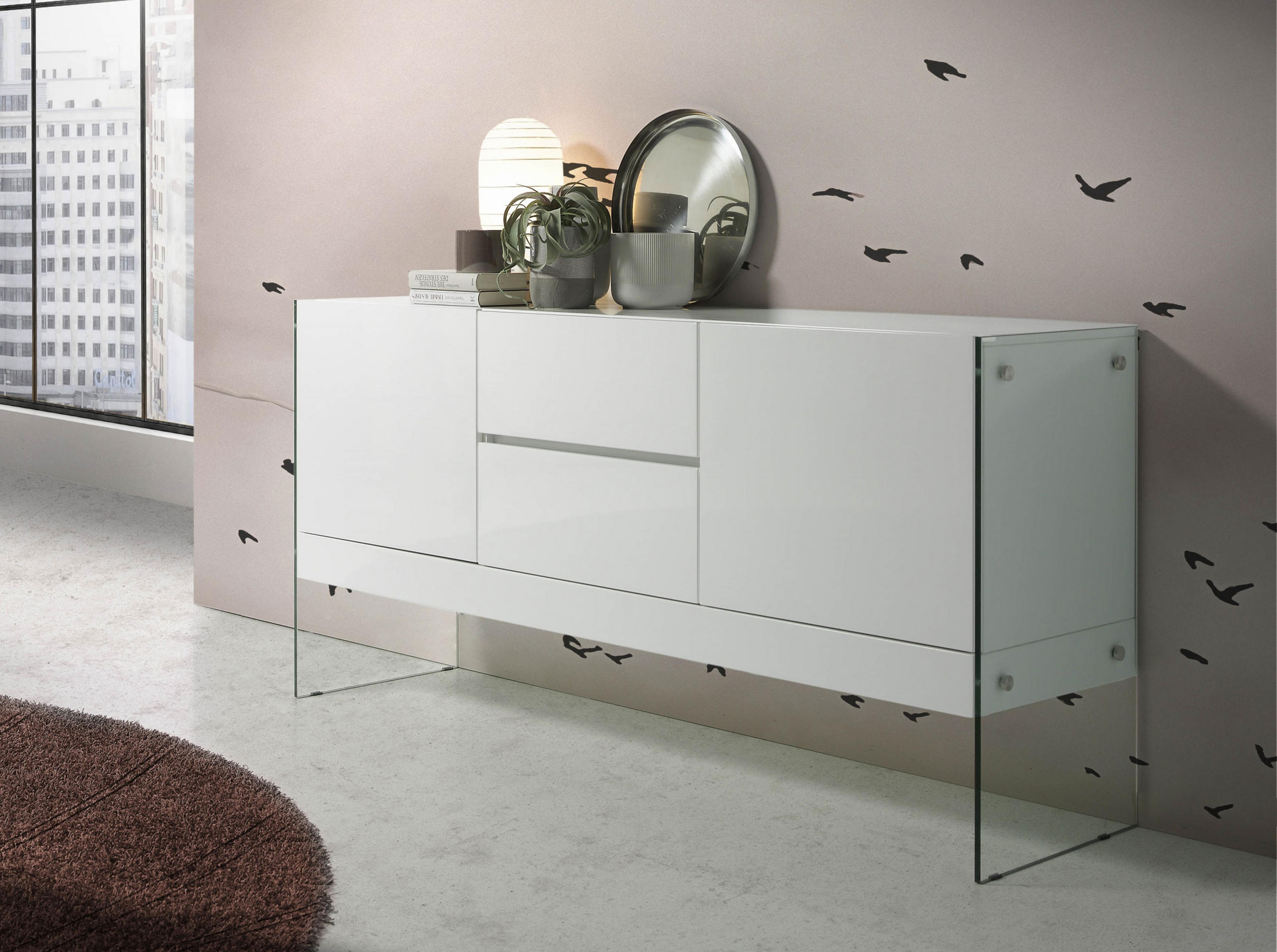Thumbnail - Angel Cerda Sideboard, Transparent, Weiß, Glas, Holz, 180x85x45 cm, Wohnzimmer, Kommoden & Sideboards, Sideboards