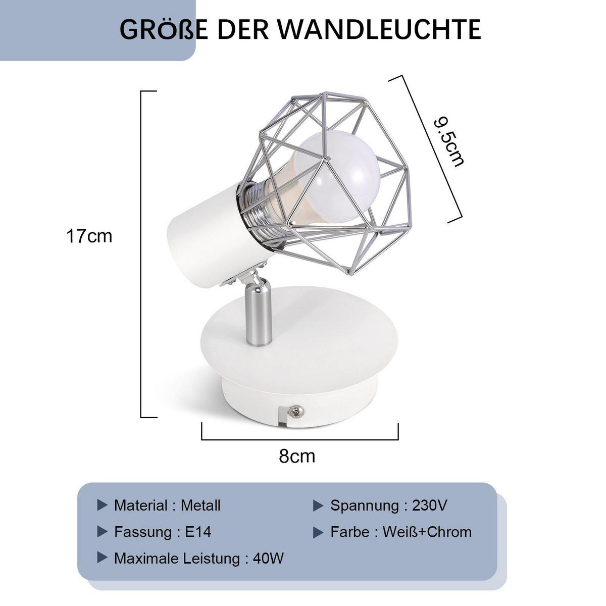 WANDLEUCHTE Diamonds 17/8/8 cm - Weiß, Metall (8/8/17cm) - Nettlife