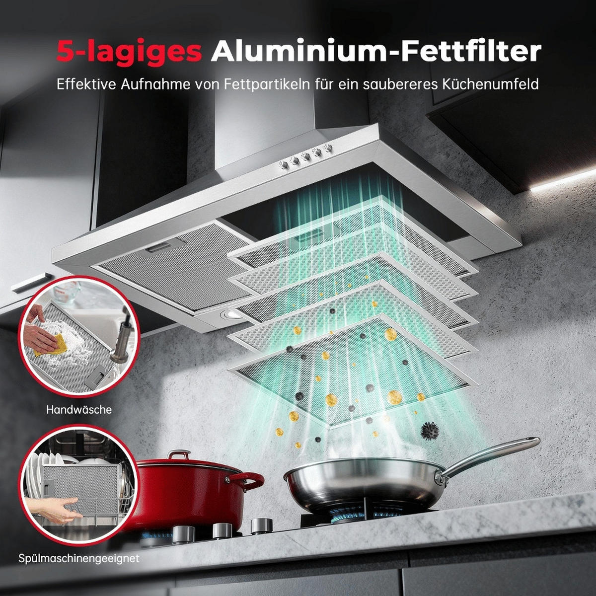 DUNSTABZUGSHAUBE EDELSTAHL Abluft Umluft LED-Beleuchtung 60 cm - Silberfarben, Metall (25.22/56.71/65.81cm) - Rolipo