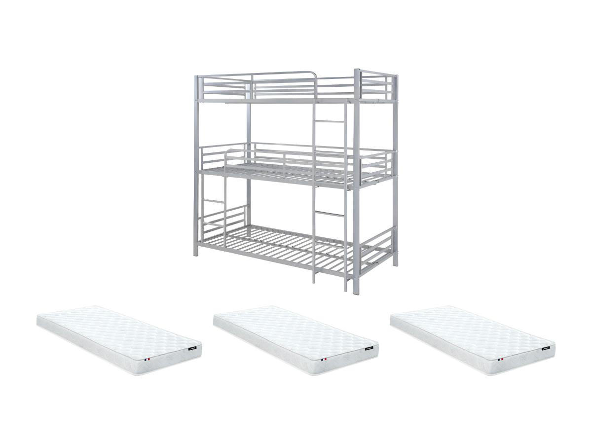 ETAGENBETT mit Matratze - 3 Personen - 3 x 90 x 190 cm - Metall - Silberfarben - ELOUAN III - Silberfarben, Metall - Vente-Unique