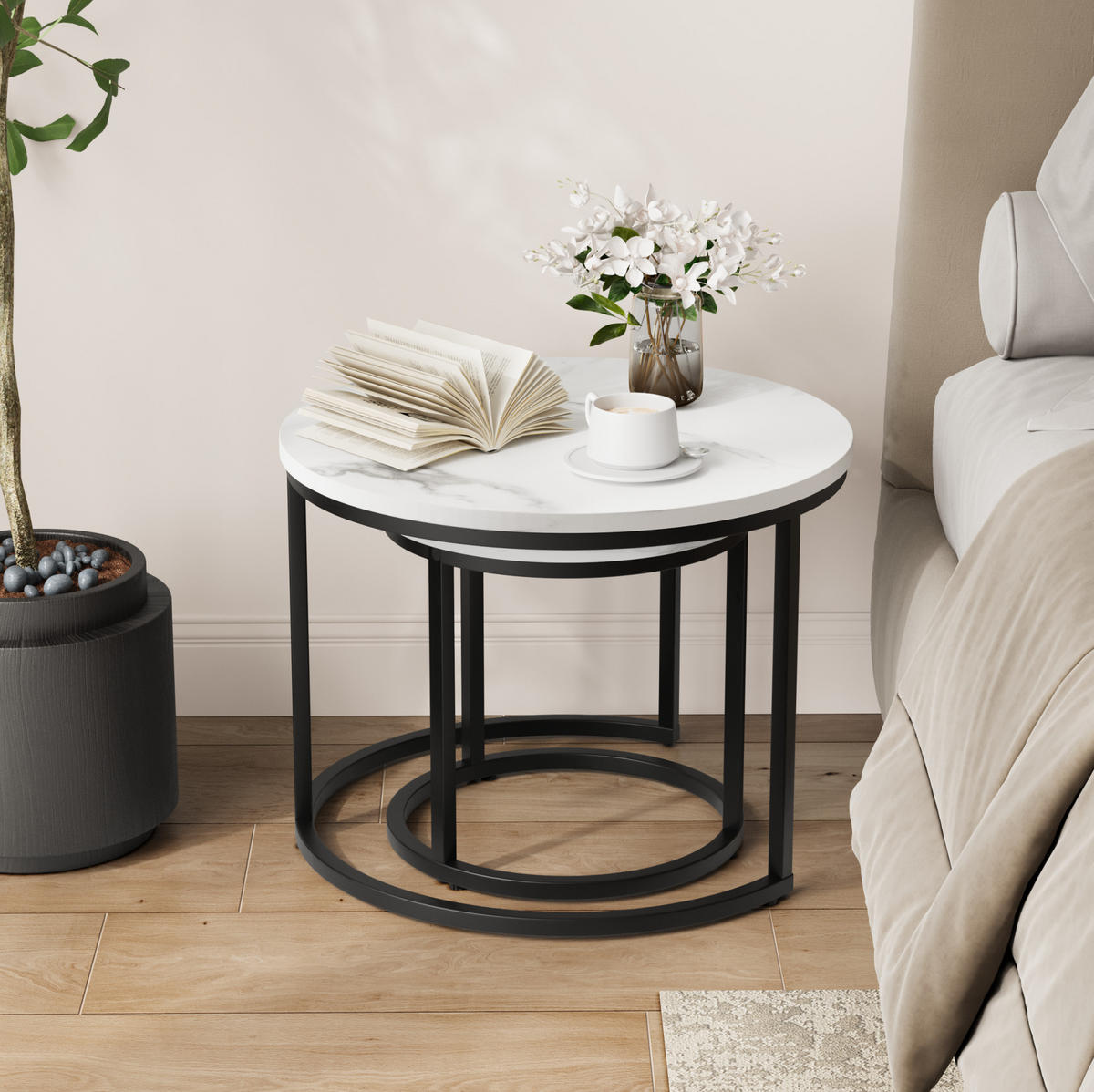 COUCHTISCH-SET 60/60/45 cm & 40/40/40 cm in Weiß mit Metallgestell, 2-teilig - Weiß, Holzwerkstoff (60/60/45cm) - Flora Grace