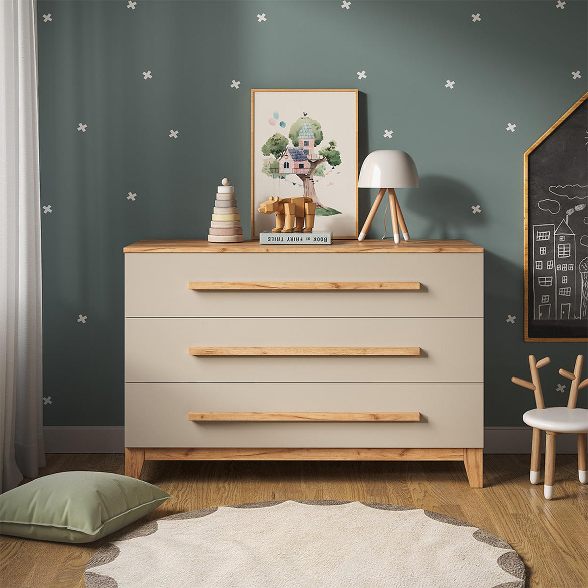 WICKELKOMMODE Malia Cashmere/Eiche 133.2 x 98 cm mit 3 Schubladen - Kaschmir/Hellgrau, Holzwerkstoff (133.2/98/70cm) - VitaliSpa