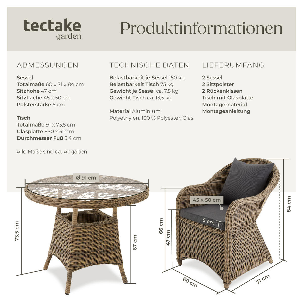 RATTAN SITZGRUPPE Zürich,Stühle vormontiert,natur - Naturfarben, Kunststoff - tectake