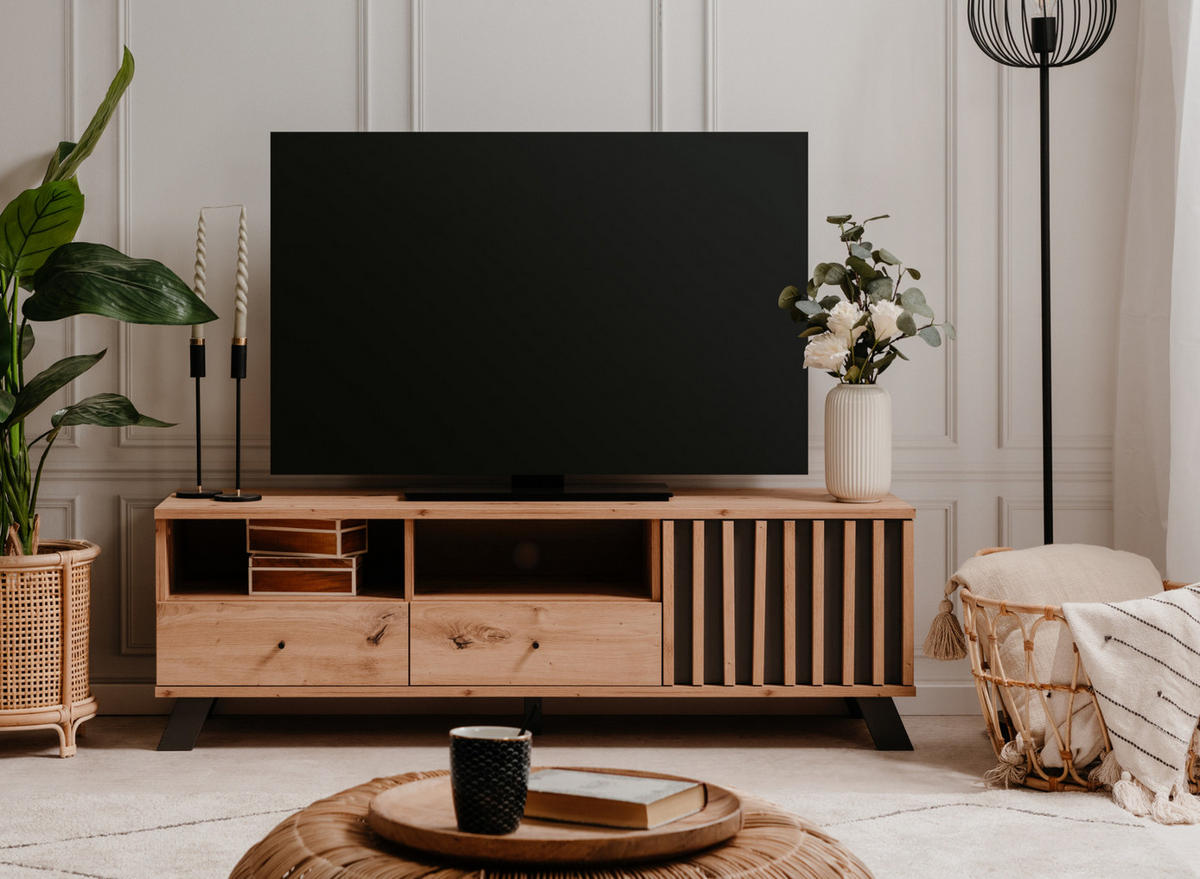 TV-LOWBOARD Eiche Artisan, grau 138 cm, Fernsehtisch mit 3D Lamellen - Anthrazit/Schwarz, Holzwerkstoff/Metall (138/44/40cm) - Furn.Design