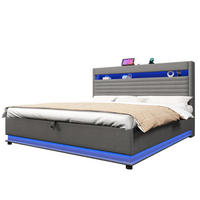 POLSTERBETT 180/200 cm Grau mit LED-Beleuchtung, USB- und Typ-C-Anschluss, hydraulischem Stauraum und Leinenbezug - Grau, Textil (180/200cm) - OKMYHOME