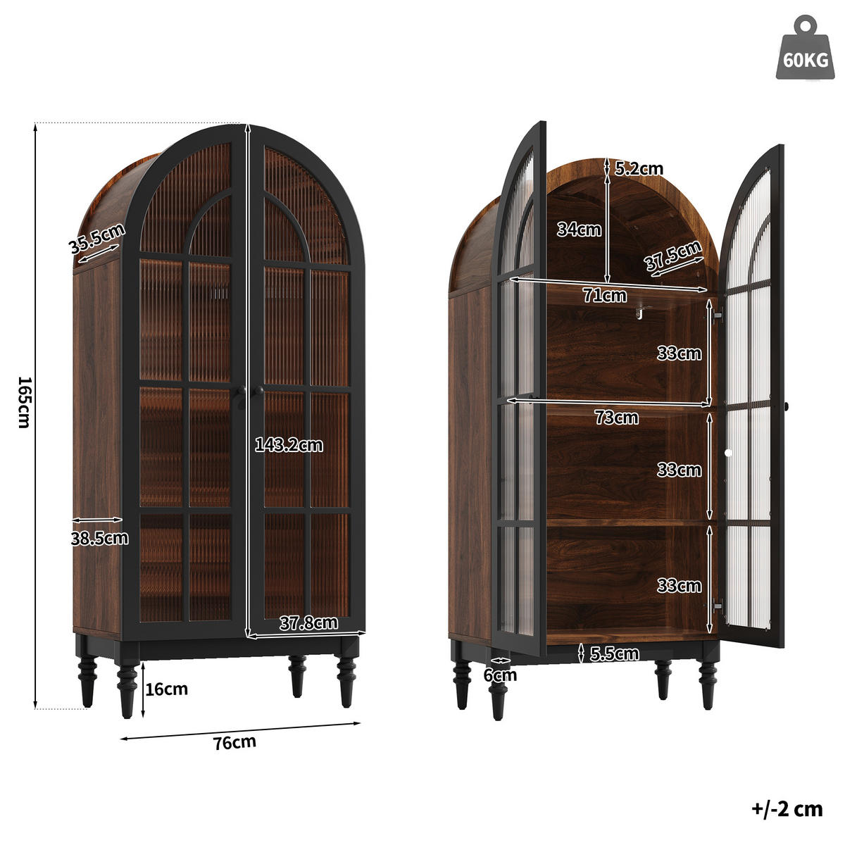 HOCHSCHRANK VITRINE Glastür Holzmaserung Bogen - Schwarz, Holzwerkstoff (76/165/35.5cm) - FLIEKS
