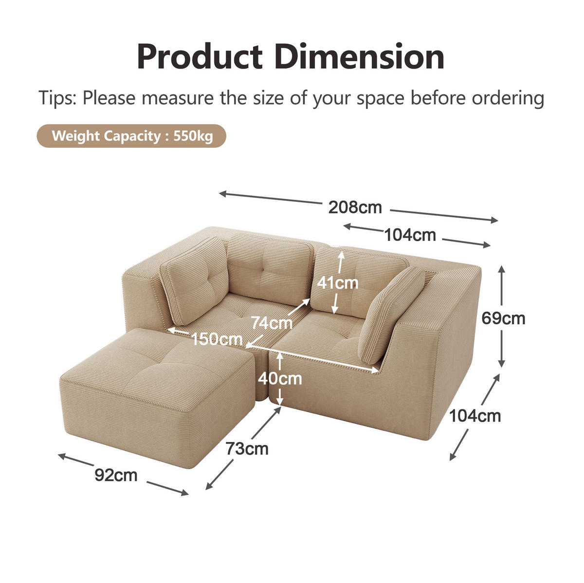 ECKSOFA modular Cord Beige - Beige, Kunststoff (177/208cm) - Meubliv