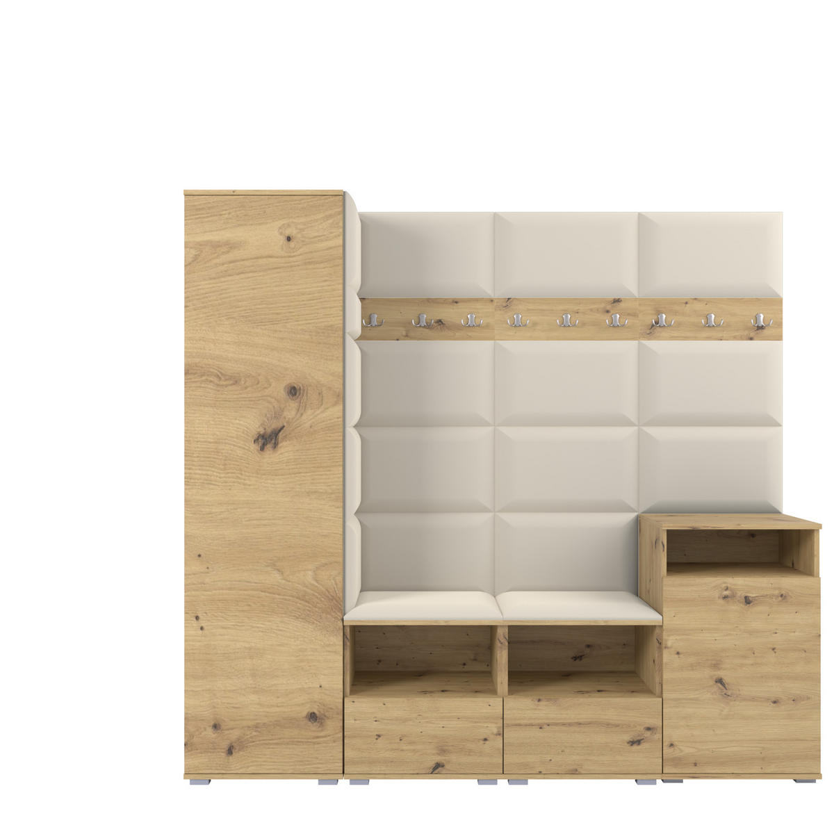GARDEROBE NELA X 200 cm (Modulare Flurmöbel Artisan Eiche mit Sitzpolster Creme 01 Schrank + Sidelboard) - Silberfarben/Creme, Holz/Holzwerkstoff (200/187/40cm) - Ravio