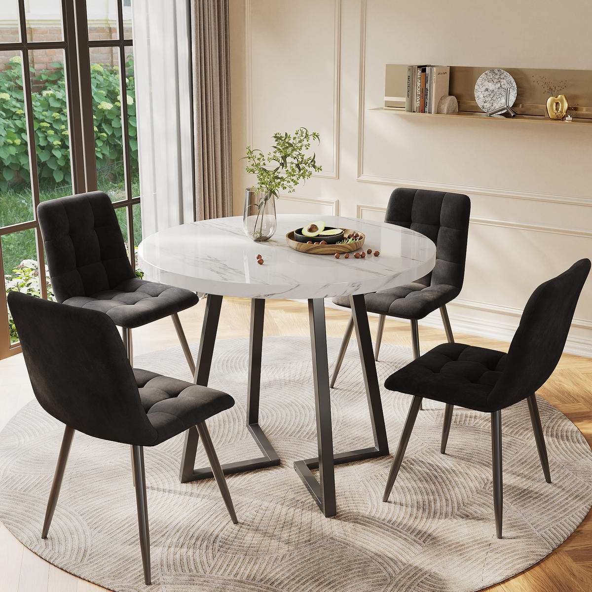 ESSZIMMER-SET 5-tlg mit rundem Tisch 80 cm Durchmesser aus Marmor-Spanplatte, 4 Samtstühlen und Metallgestell, weiß-schwarz - Schwarz, Holzwerkstoff (80/75/80cm) - Luhomfu