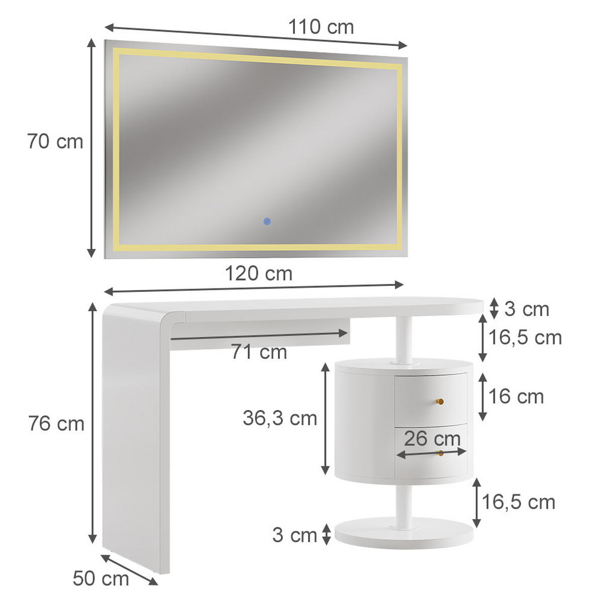 SCHMINKTISCH Lara Weiß 120 cm mit LED-Spiegel - Weiß, Holzwerkstoff (120/76/50cm) - Vicco