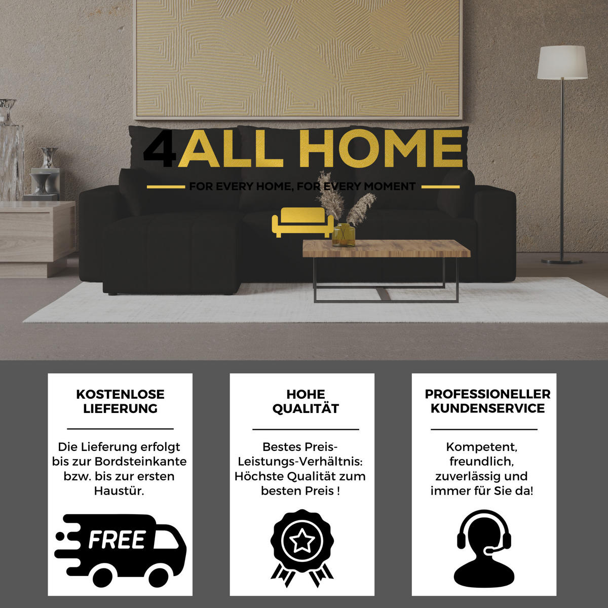 ECKSOFA Tico mit Bettkasten und Schlaffunktion, L-Form/XL-Form, Velourstoff, Universal - Schwarz, Holzwerkstoff (246/145cm) - 4ALL HOME