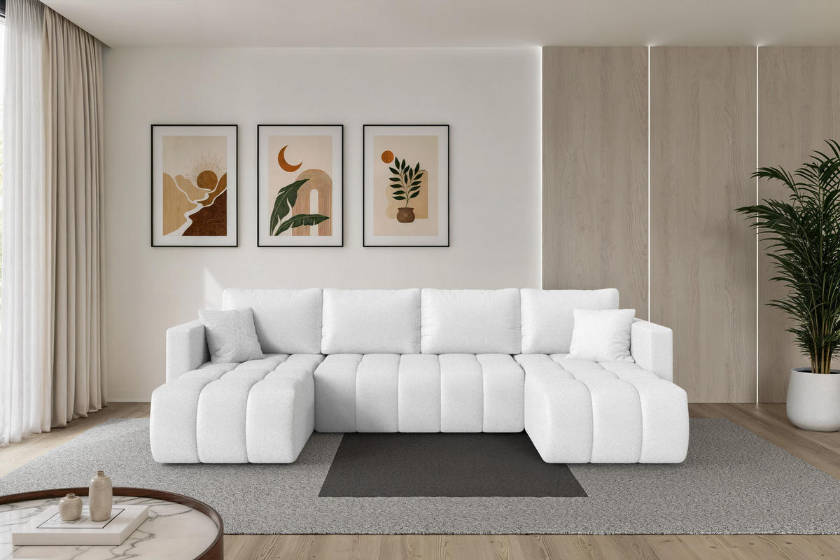 SEDACÍ SOUPRAVA DO U s funkcí spaní a úložným prostorem GARD-U 300x146x85 bílá bouclé - bílá/černá, kompozitní dřevo/textil (300/85/146cm) - ALTDECOR