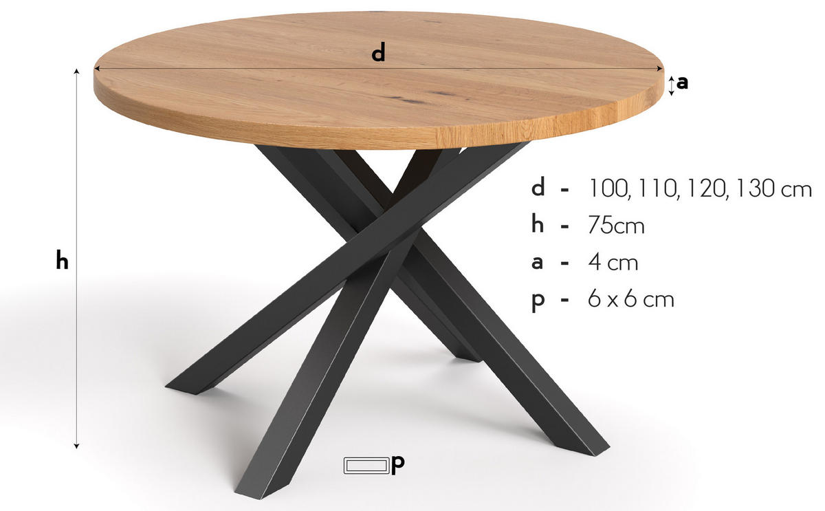 ESSTISCH Aster Runder aus massivem Eichenholz 130 cm - Eichefarben/Schwarz, Holz/Metall (130/130/75cm) - Danzz