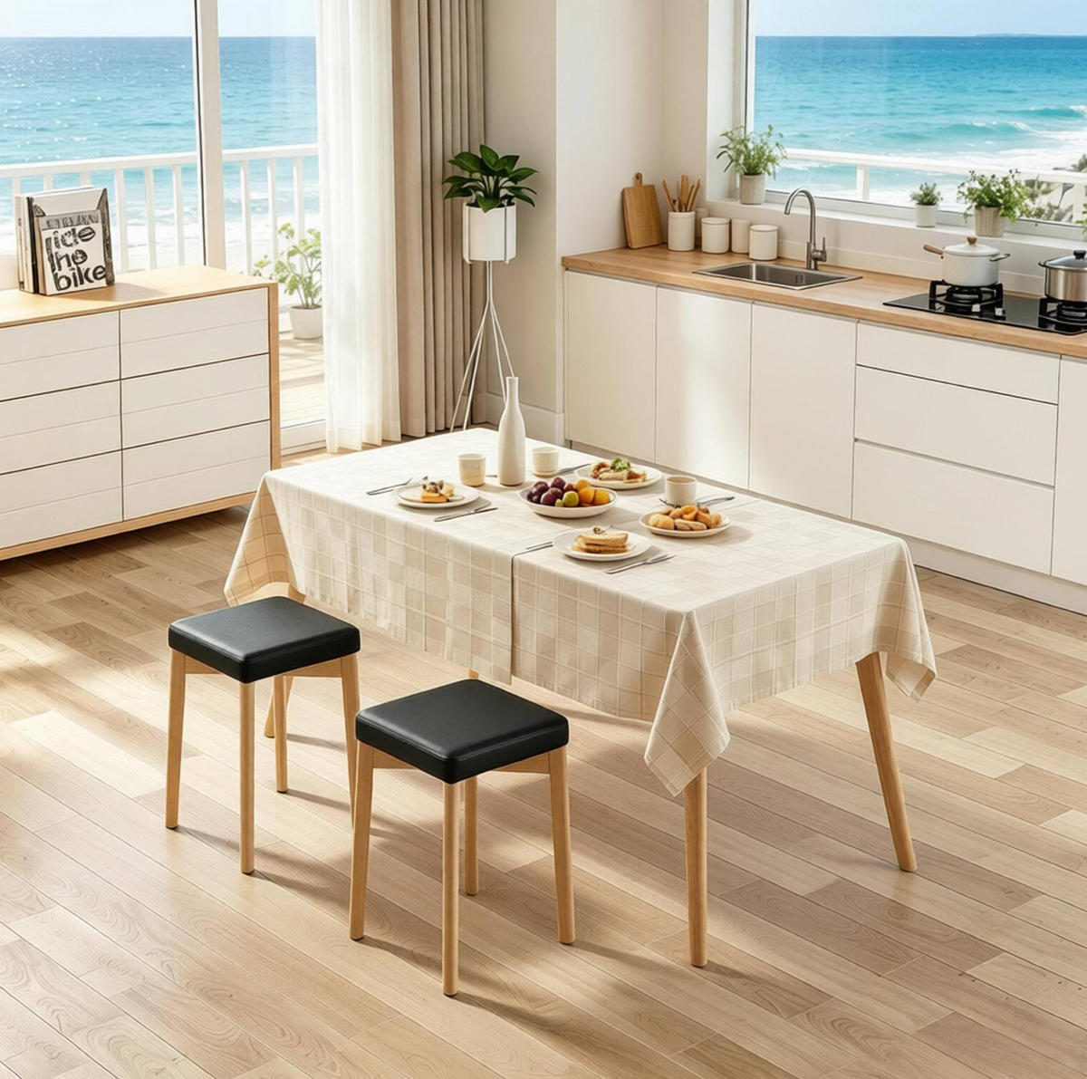 ESSHOCKER 2er-Set mit Polstersitz 32,5 x 32,5 x 47 cm Schwarz/Naturholz - Schwarz, Holz (32.5/47/32.5cm) - Meubliv