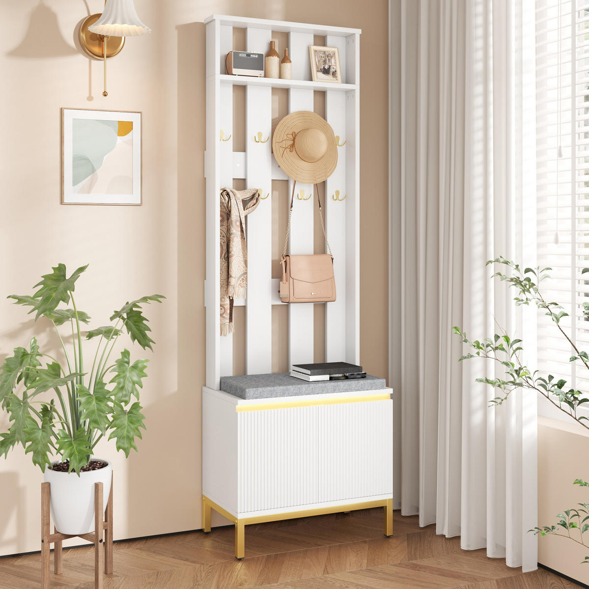 GARDEROBENBANK Weiß mit Schuhschrank und LED - Weiß, Holzwerkstoff (60/191.5/35.5cm) - FLIEKS