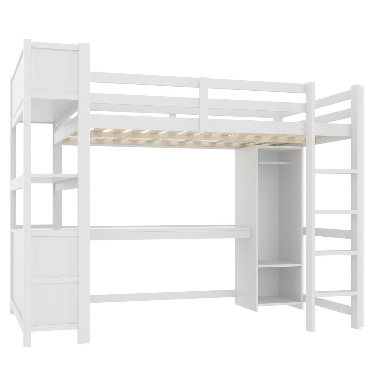 HOCHBETT 140/200 cm in Weiß – mit Schreibtisch, Regalen und Kleiderschrank - Weiß, Holz (140/200cm) - BEAOK
