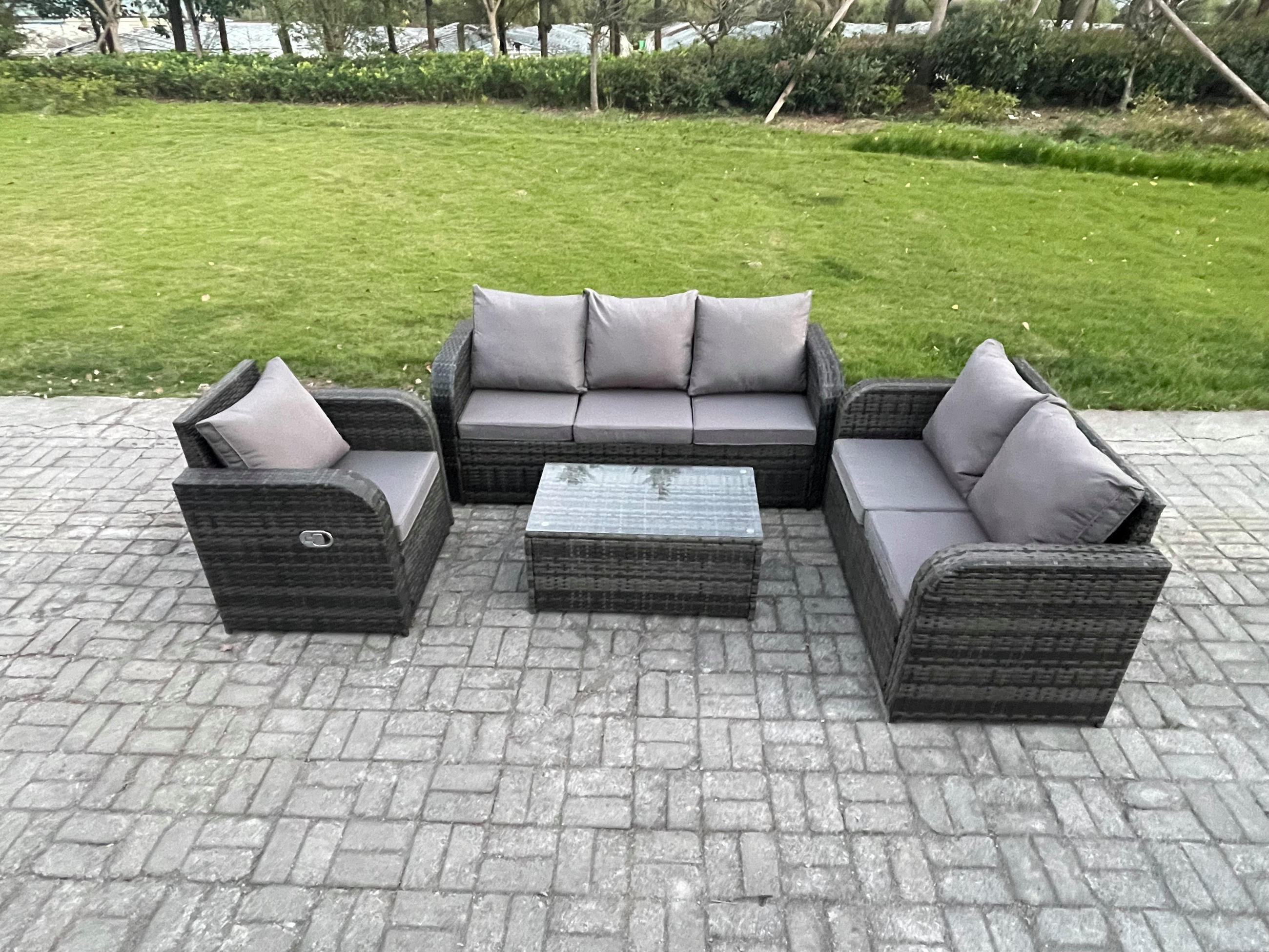 GARTENSET Polyrattan Dunkelgrau 6-Sitzer - Dunkelgrau/Grau, Glas/Kunststoff - Fimous
