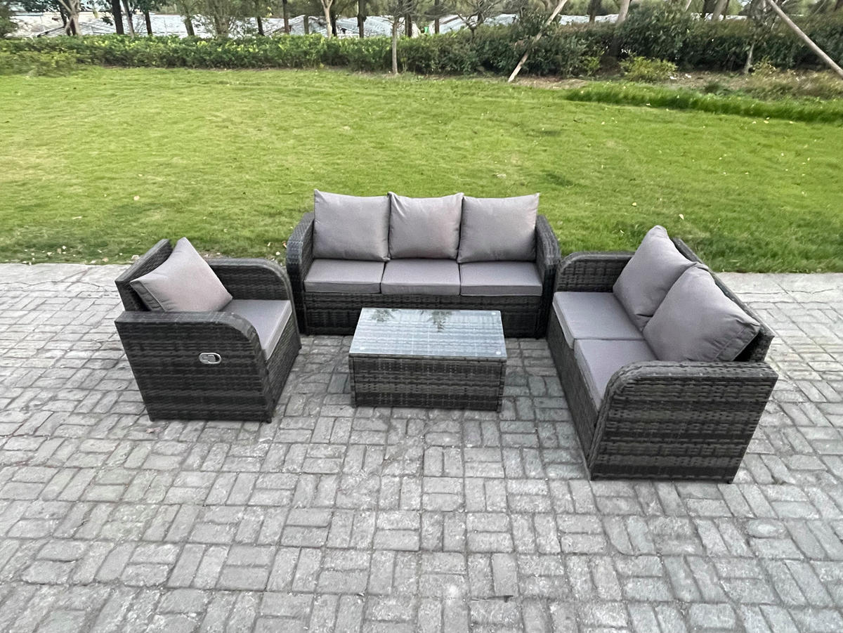 GARTENSET Polyrattan Dunkelgrau 6-Sitzer - Dunkelgrau/Grau, Glas/Kunststoff - Fimous