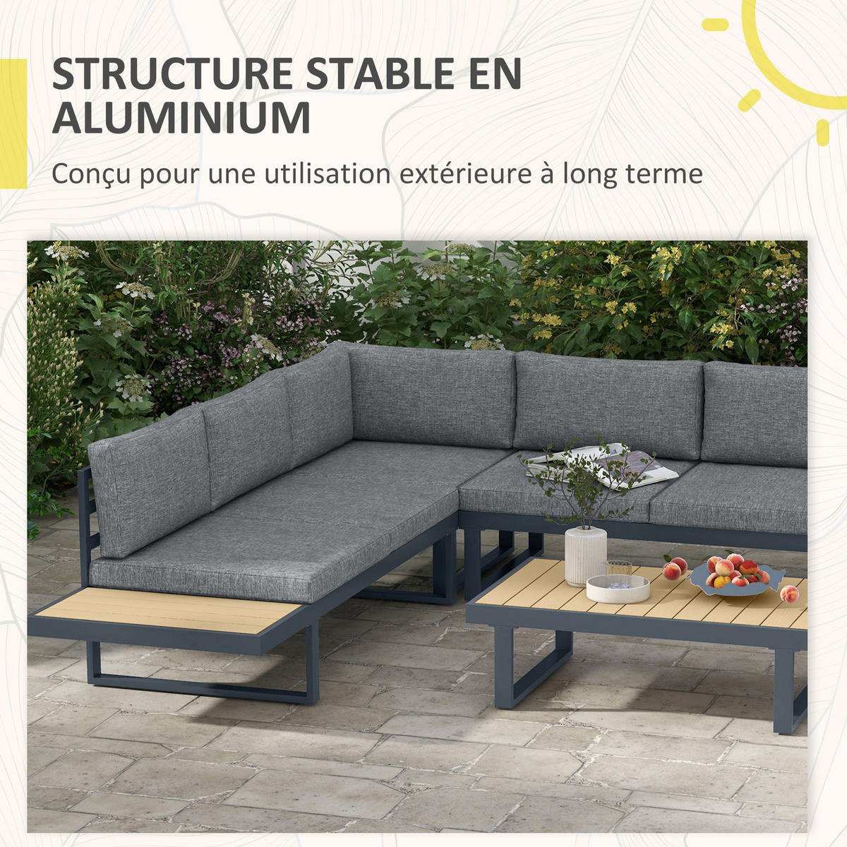 LOUNGEGARNITUR 5 Sitzplätze DE-13401 Aluminium & Holzoptik Anthrazit - Dunkelgrau, Metall - ComfortXL