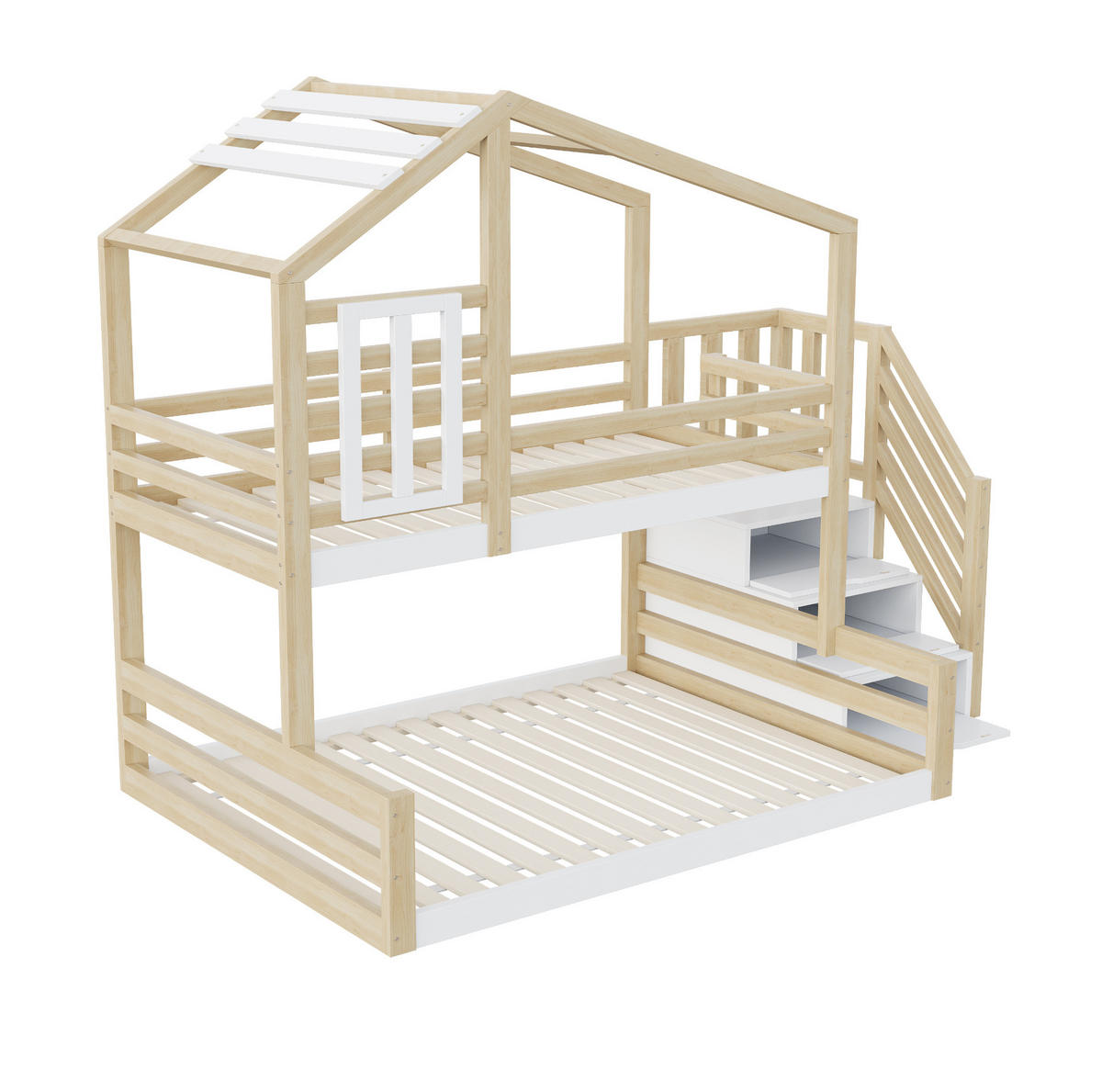 HAUSBETT 90/200 & 140/200 cm aus Kiefernholz mit Treppe und Stauraum - Naturfarben, Holz (90/200cm) - BEAOK