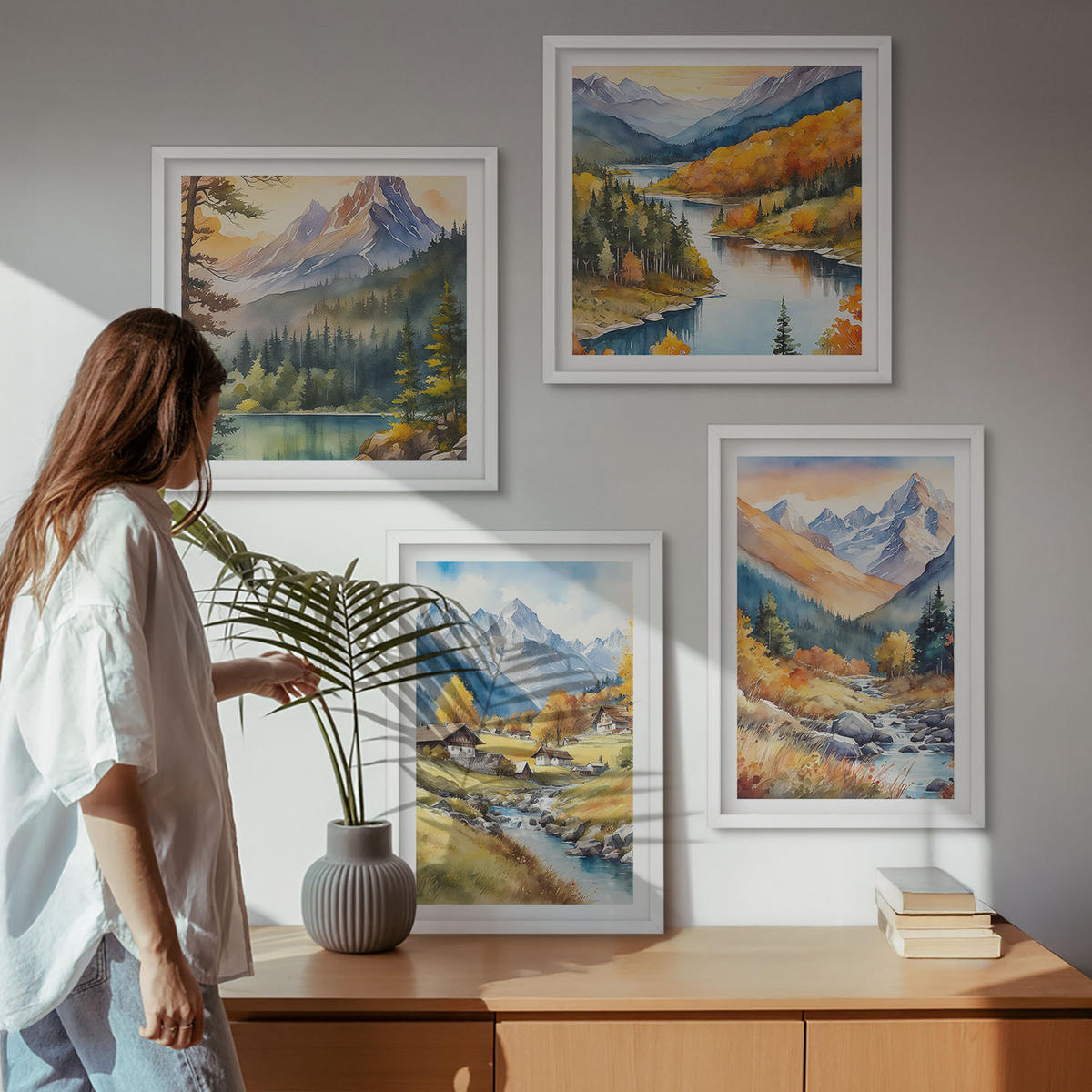 BILDER SET 4er Set - 50x50 cm & 40x60 cm Weißer Rahmen - Berglandschaft, Flusshütten - Weiß, Kunststoff (50/50cm) - TULUP