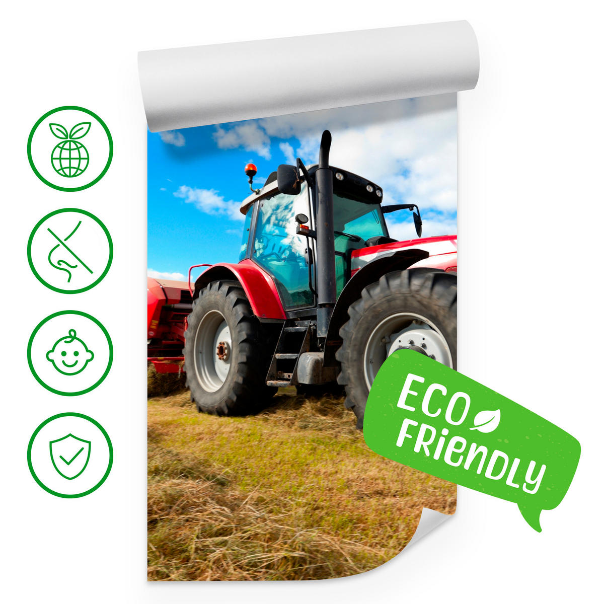 FOTOTAPETA Červený Traktor Pole Žatva Poľnohospodárstvo Rustikálna 300 x 210 cm - hnedá/žltá, papier (300/210cm) - Muralo