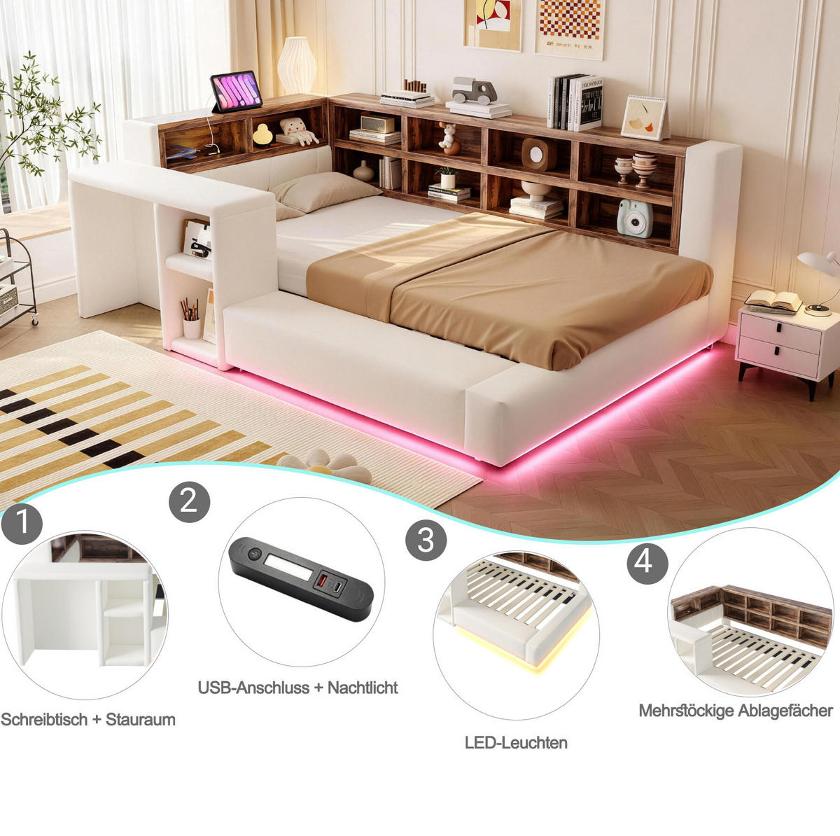 POLSTERBETT 90x200 cm in Beige mit LED-Beleuchtung, Steckdosen und Stauraum - Beige, Textil (90/200cm) - IVMEU
