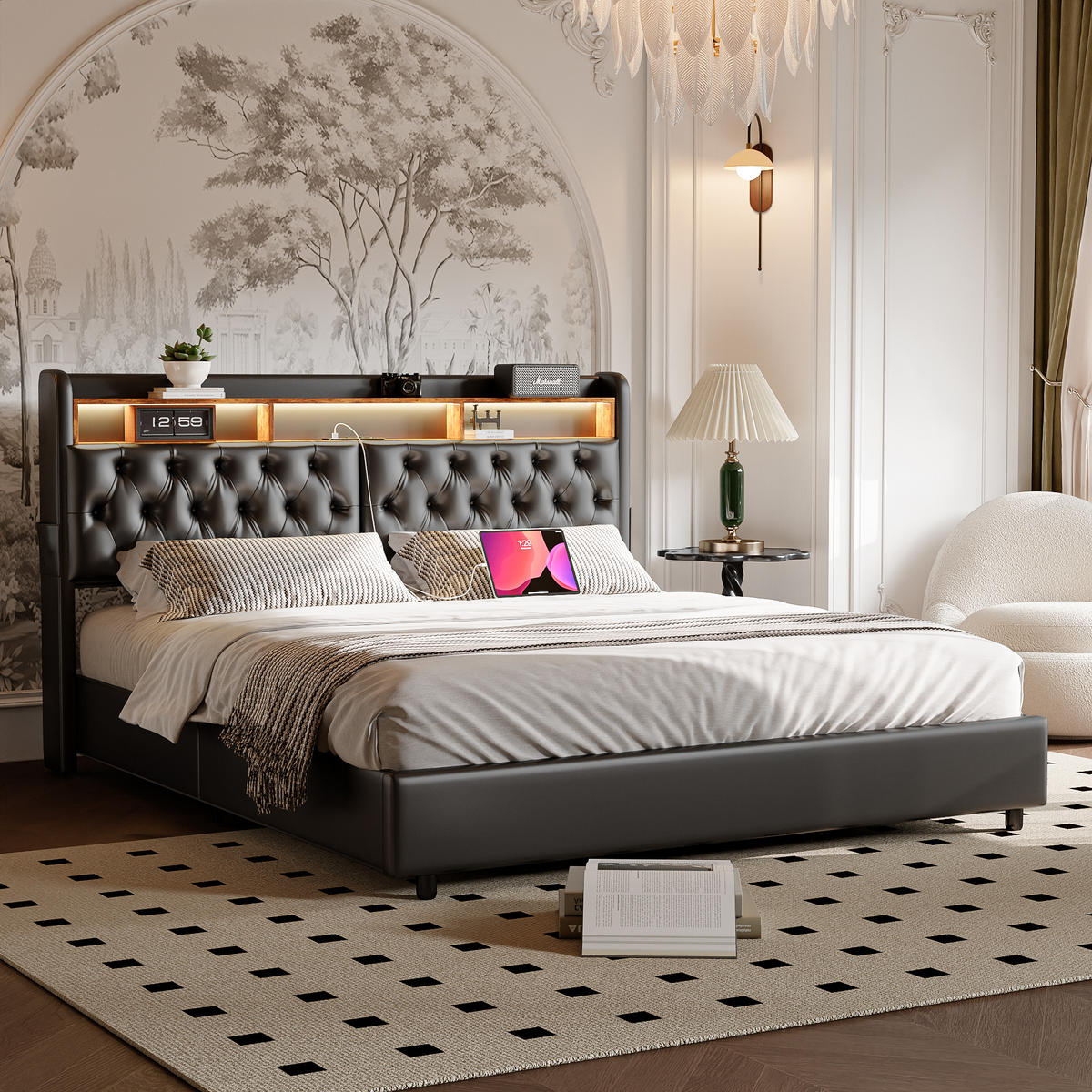 POLSTERBETT 180x200 cm, Großer Bett-Stauraum, LED-Leuchten & USB-Typ-C-Anschlüsse, PU-Leder in Schwarz - Schwarz, Holz (180/200cm) - BRILVERDE