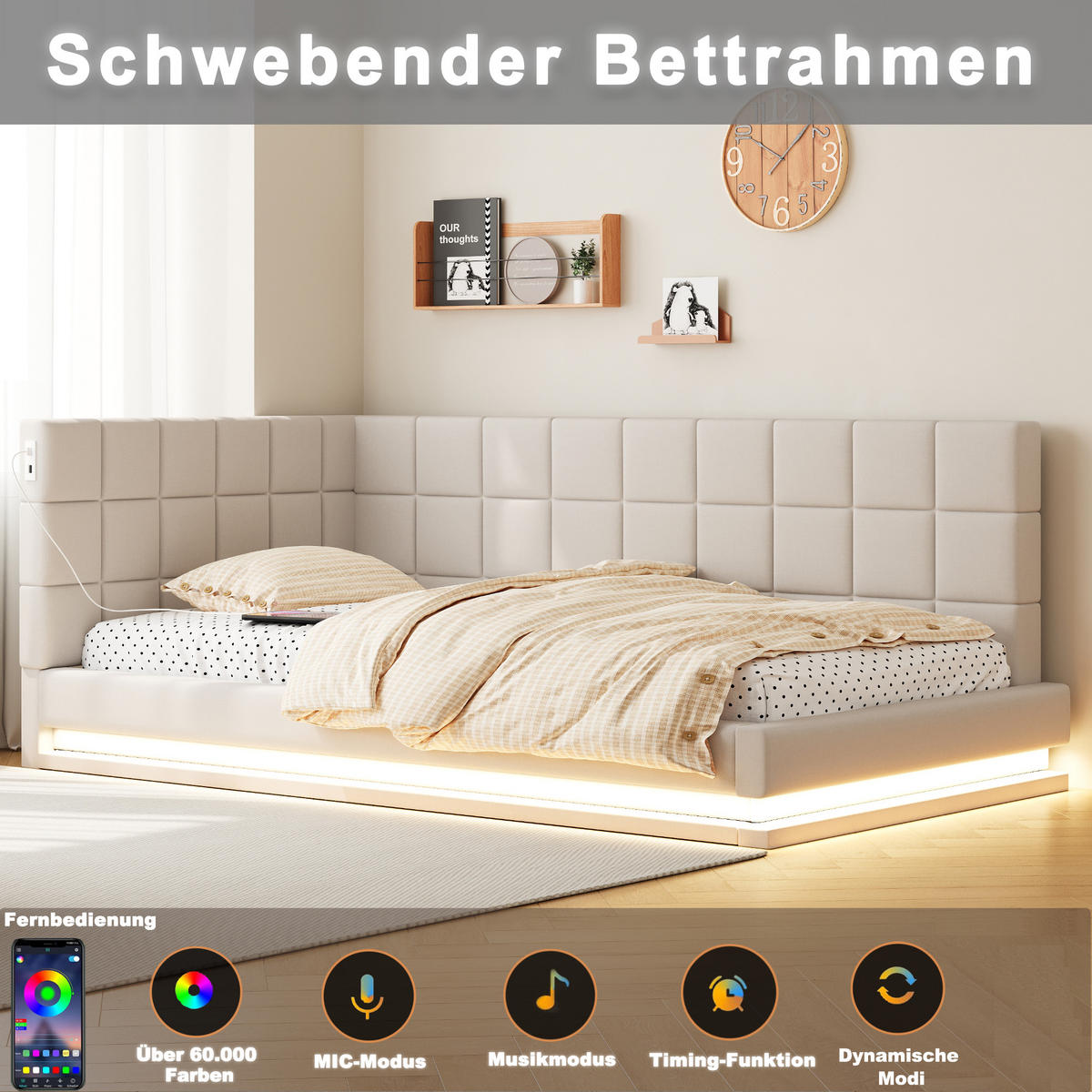 SCHLAFSOFA 90/200 cm in Beige Leinen mit LED und USB - Beige, Holzwerkstoff/Textil (90/200cm) - WISHDOR