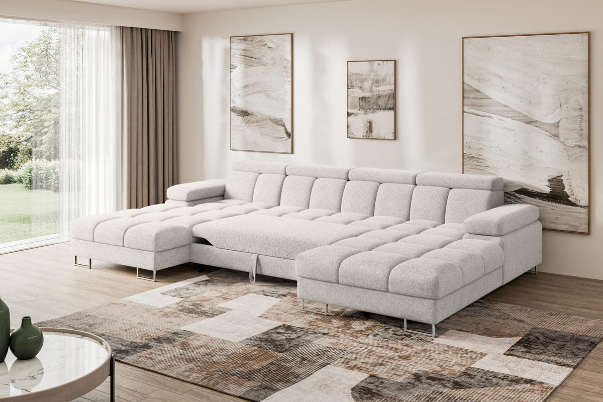WOHNLANDSCHAFT mit Schlaffunktion und Bettkasten COMA U2 345x203x79 Hellgrau Velours - Hellgrau, Holzwerkstoff/Textil (345/79/203cm) - ALTDECOR