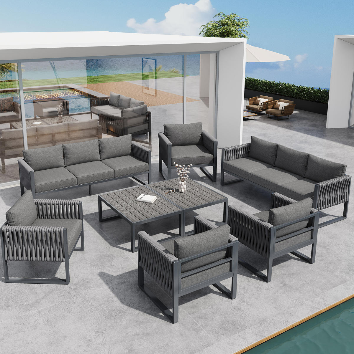 GARTENLOUNGE-SET aus Metall mit Kissen & Tisch, 4 Sessel + 2 Dreisitzer, 167/61/63 cm, Grau - Grau, Metall - Redom