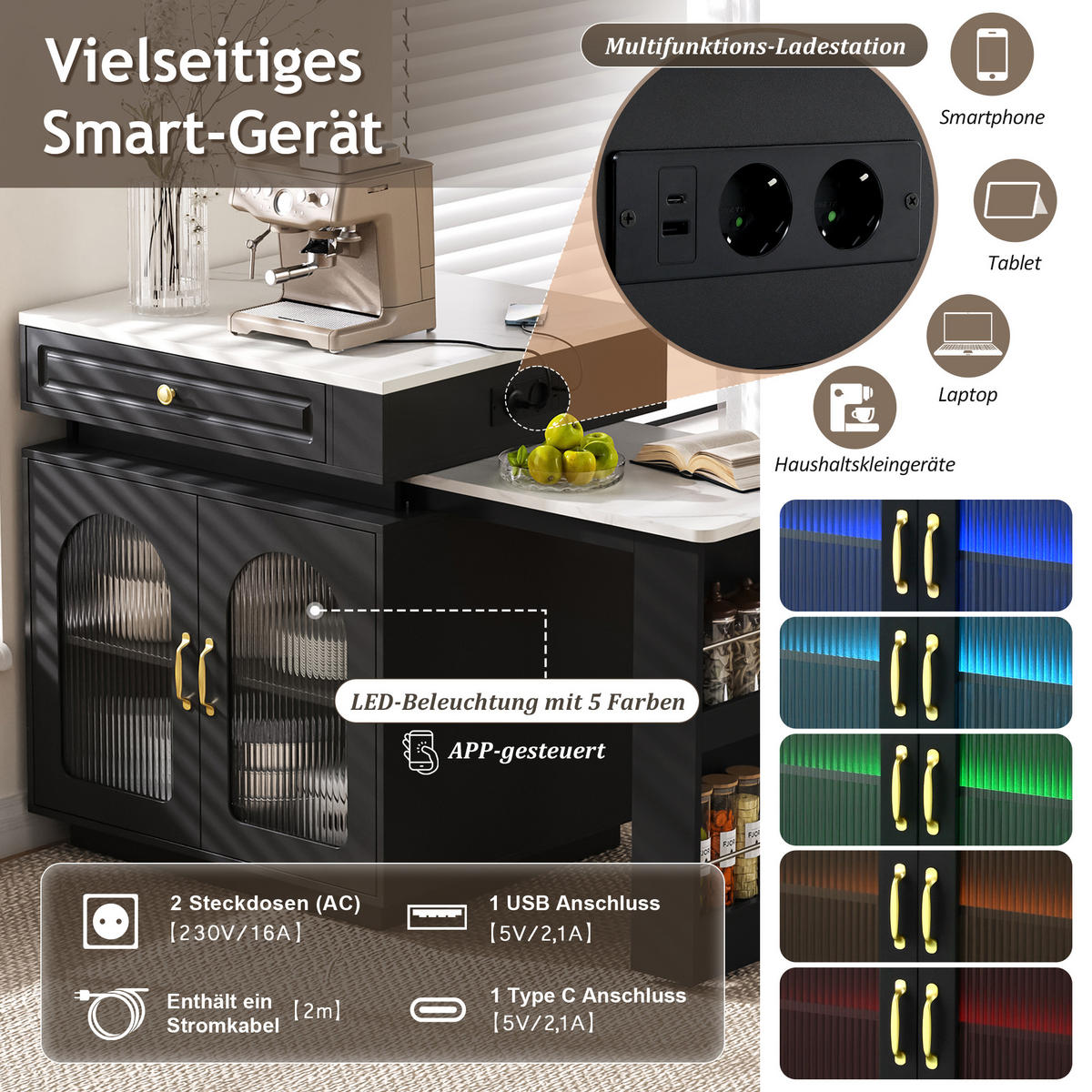 BARTISCH 128–200×71×92 cm aus MDF+Glas mit Riffelglas, LED & USB-Ladestation, schwarz - Schwarz, Holzwerkstoff (200/71/92cm) - Luhomfu