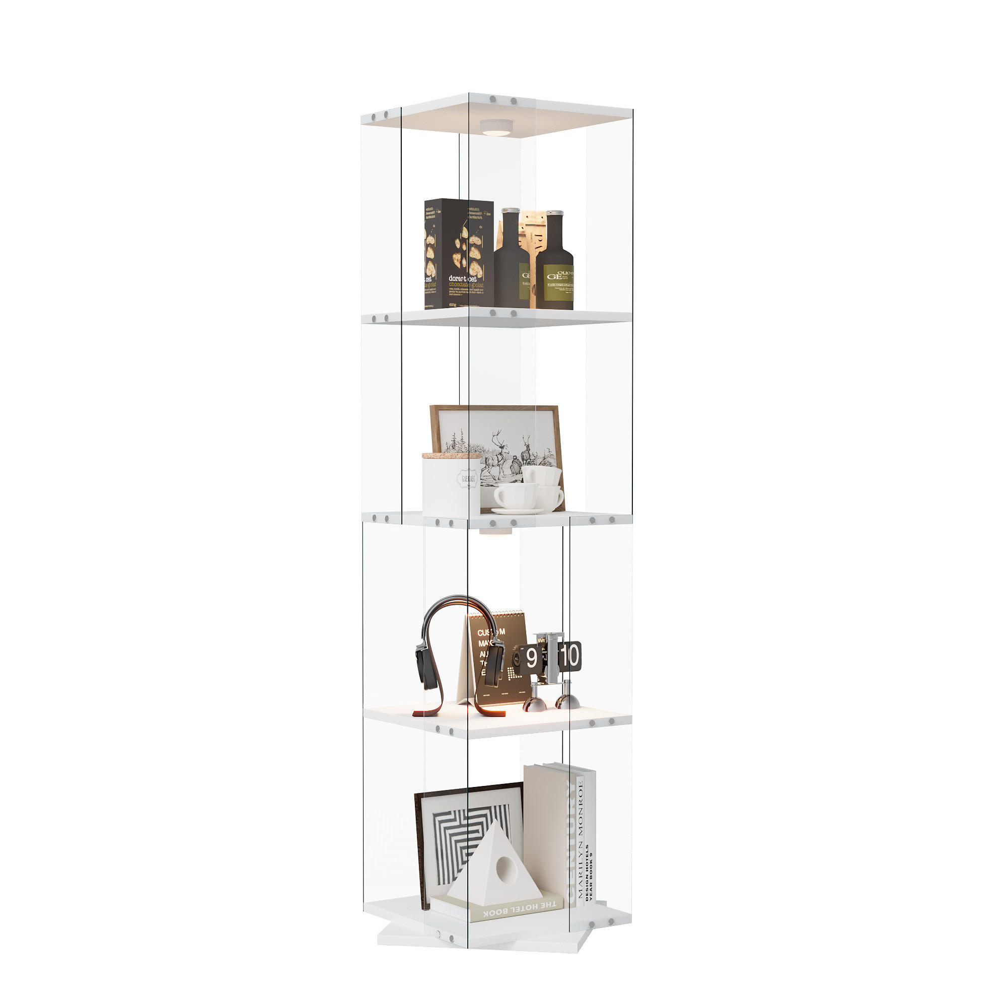 DREHVITRINE 360° mit RGB LED, 4 Ebenen, Glasvitrine weiß für Deko - Weiß, Glas (38/160/38cm) - SHOPENTRA